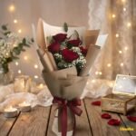 Classic romance red rose bouquet wrapped in elegant brown paper with soft candlelight background