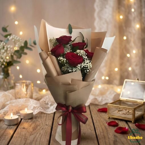 Classic romance red rose bouquet wrapped in elegant brown paper with soft candlelight background
