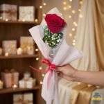 Single red rose bouquet wrapped in white paper with baby’s breath, held in hand, perfect romantic gift in Pakistan