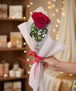 Single red rose bouquet wrapped in white paper with baby’s breath, held in hand, perfect romantic gift in Pakistan