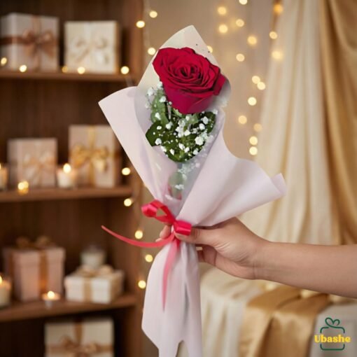 Single red rose bouquet wrapped in white paper with baby’s breath, held in hand, perfect romantic gift in Pakistan