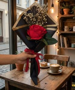 Single red rose wrapped in black and gold paper, held by hand in a cozy café setting