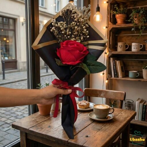 Single red rose wrapped in black and gold paper, held by hand in a cozy café setting