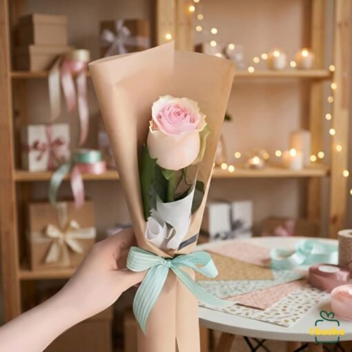 Single pink rose bouquet wrapped in kraft paper with mint ribbon, held by hand