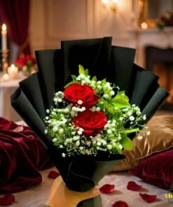 Elegant red rose bouquet wrapped in black paper, perfect for romantic gifting in Pakistan