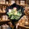 Elegant rose bouquet wrapped in black paper with baby’s breath, displayed in a gift shop setting