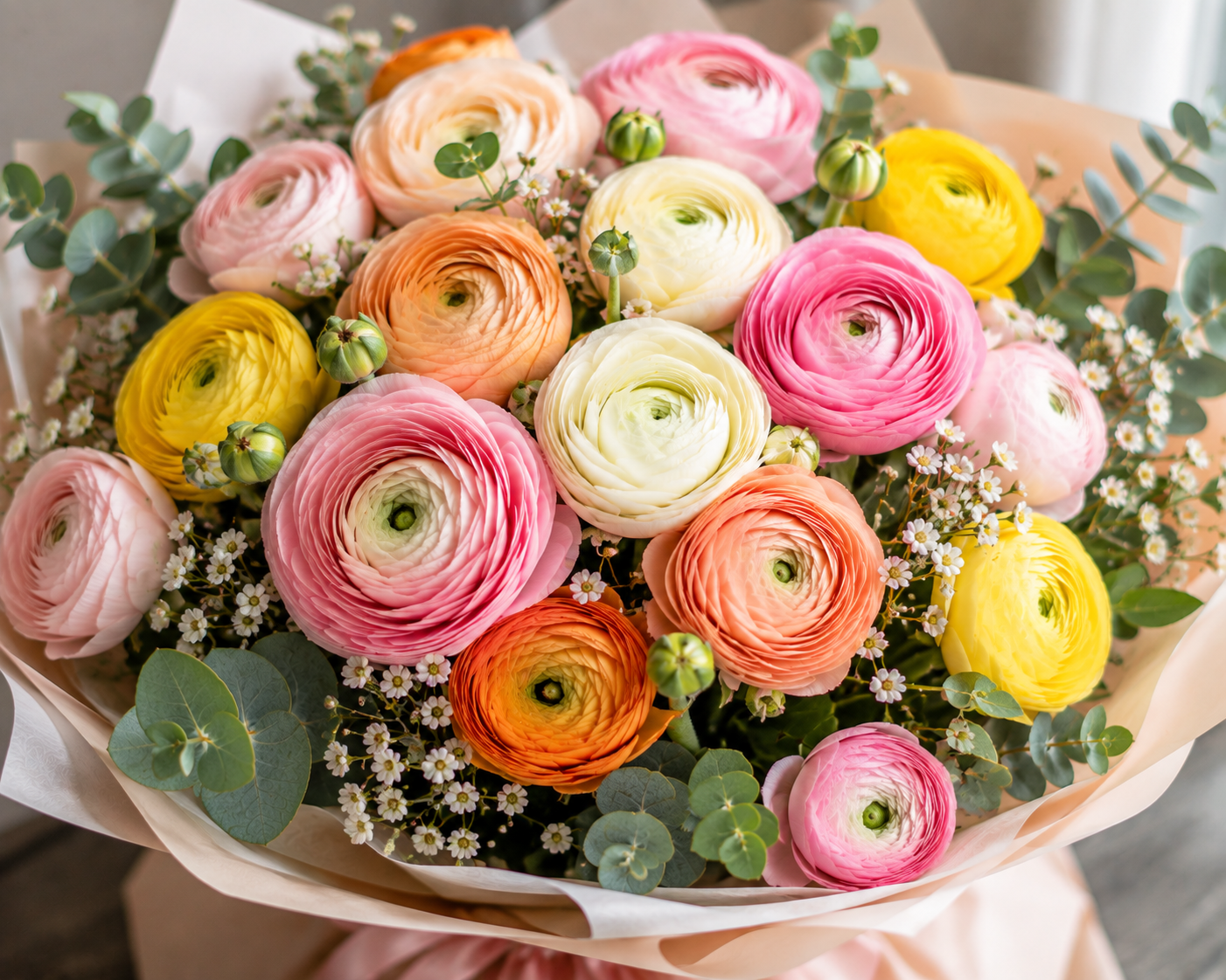Pastel Ranunculus Bouquet with Eucalyptus