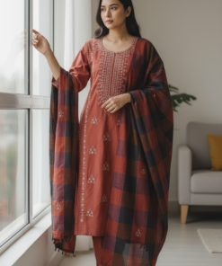 Rust Red Embroidered Dress – Warm Tones, Timeless Elegance