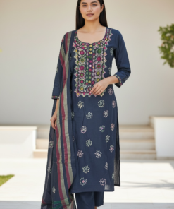 Midnight Blue Embroidered Dress – Vibrant Detail, Effortless Sophistication