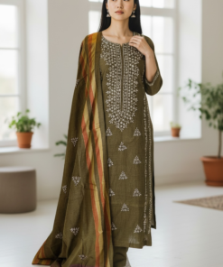 Olive Green Embroidered Dress – Classic Tradition, Modern Grace