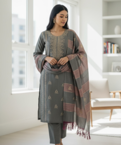 Muted Grey Embroidered Dress – Soft Tones, Understated Elegance